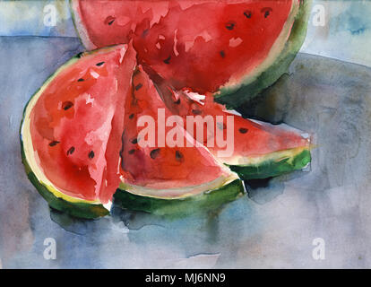 Aquarelle. Encore la vie. Pastèque en tranches. Banque D'Images