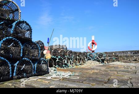 La Nasse et bouée stockés sur quai de Portsoy Vieux Port, Aberdeenshire, Scotland Banque D'Images