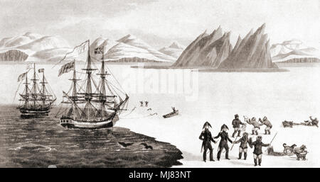 Première communication avec les autochtones de la baie Prince Regent. John Ross a exploré le Prince Regent's Bay dans le nord-ouest du Groenland, au cours de son expédition de 1818. Ici, Ross et William Parry peut être vu l'échange de couteaux et un miroir avec l'Innuits. L'amiral Sir John Ross , 1777 - 1856. L'officier de marine britannique et explorateur de l'Arctique. De la explorateurs polaires, publié en 1943. Banque D'Images