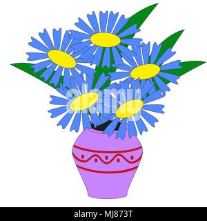 Un bouquet de belles fleurs dans un vase bleu isolé sur un fond blanc. Illustration de Vecteur