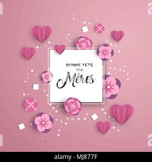 Heureuse fête des Mères modèle de carte de vœux en langue française avec du papier rose couper les cœurs et une décoration florale. Vecteur EPS10. Illustration de Vecteur