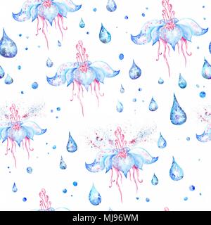 Seamless texture aquarelle avec lotus, gouttes et éclaboussures de couleur sur fond blanc Banque D'Images