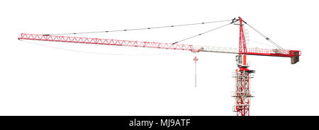 Bâtiment blanc et rouge grue a tour isolé sur fond blanc. Grue à flèche Banque D'Images