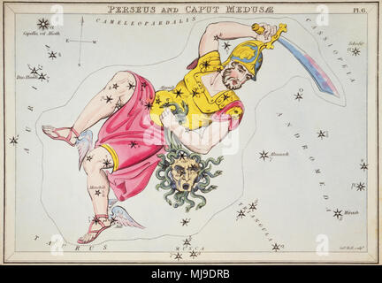 Perseus et caput medusae. Numéro 6 de la carte de l'Urania miroir, ou d'une vue sur le ciel, l'un d'un jeu de 32 cartes carte des étoiles astronomique gravée par Sidney Hall et publshed 1824. Banque D'Images