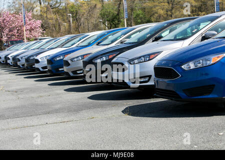 Ford Fiesta, Focus et la fusion des voitures particulières sur un lot revendeur de Seaford, Delaware le 29 avril 2018. Banque D'Images