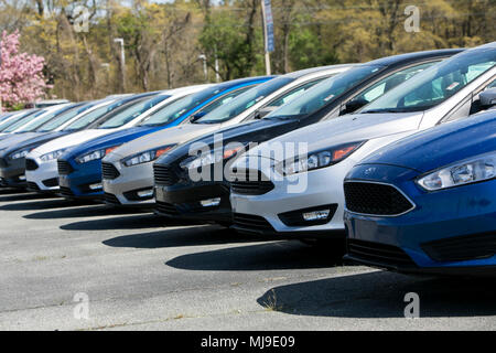 Ford Fiesta, Focus et la fusion des voitures particulières sur un lot revendeur de Seaford, Delaware le 29 avril 2018. Banque D'Images