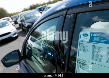 Ford Fiesta, Focus et la fusion des voitures particulières sur un lot revendeur de Seaford, Delaware le 29 avril 2018. Banque D'Images