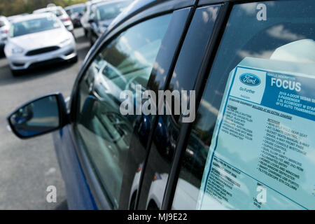 Ford Fiesta, Focus et la fusion des voitures particulières sur un lot revendeur de Seaford, Delaware le 29 avril 2018. Banque D'Images