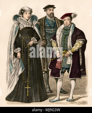 Marie, Reine des Écossais, avec Archibald Douglas, comte d'Angus, et son neveu Édouard VI d'Angleterre. Impression couleur à la main Banque D'Images