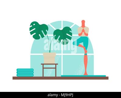 L'exercice de l'homme à la maison, yoga, sport, illustration du garçon en posture de l'arbre. La conception d'un mode de vie sain avec maison moderne décoration intérieure. EPS10 vec Illustration de Vecteur