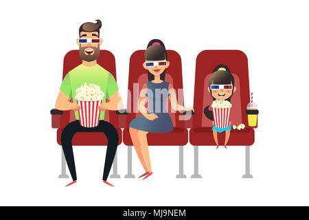 Happy Family watching movie au cinéma. Maman, papa et sa fille à lunettes 3D. Un homme, une femme et une fille s'asseoir sur les sièges et regarder la premiere avec le pop-corn et des boissons. Groupe de personnes watch. Illustration de Vecteur