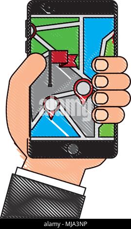Mains courantes de navigation gps carte smartphone Pin drapeau vector illustration Illustration de Vecteur