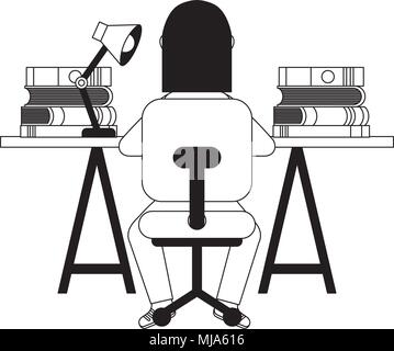 Femme assise au bureau et de travail sur l'ordinateur books retour voir vector illustration Illustration de Vecteur