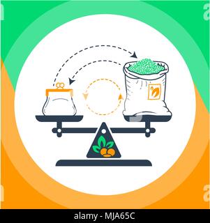 Concept de commerce équitable sous la forme de poids équilibré avec de l'argent et un sac de thé sur la flèche de l'échange. Icône dans le style linéaire Illustration de Vecteur