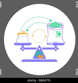 Concept de commerce équitable sous la forme de poids équilibré avec de l'argent et un sac de thé sur la flèche de l'échange. Icône dans le style linéaire Illustration de Vecteur