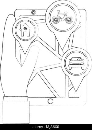 Main courante Plan navigation gps mobile pins accueil vélo et voiture croquis d'illustration vectorielle Illustration de Vecteur