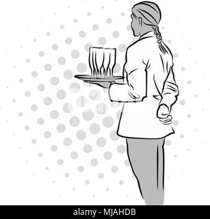 Steward de l'arrière table de réception avec champagne verres Contours dessinés à la main, croquis, Illustration de Vecteur