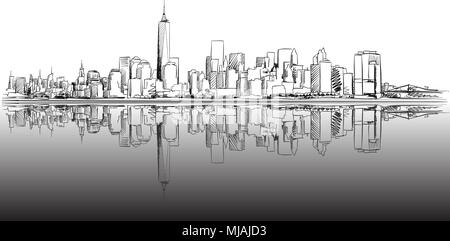 Plan général de la ville de New York avec des croquis dessinés à la main, pied de page, illustrations vectorielles Illustration de Vecteur