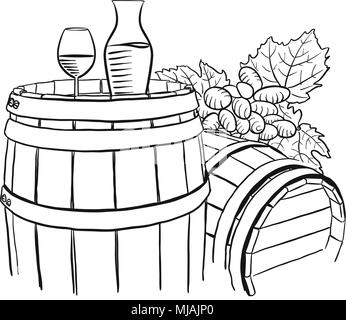 Les raisins, Carafe et verre de vigne sur tonneau en bois, des dessins vectoriels tracés à main levée Illustration de Vecteur