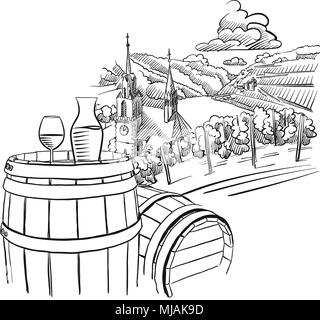 Verre de vin sur le baril en face de paysage viticole allemande, Hand drawn Vector Illustration Illustration de Vecteur