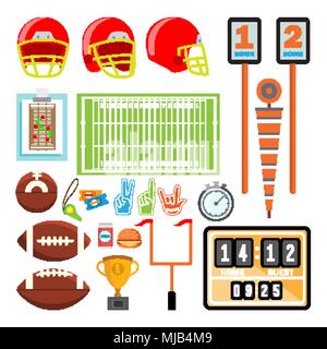 Le football américain Icons Set vecteur. Accessoires de football américain. Casque, balle, tasse, champ. Télévision Cartoon illustration isolé Illustration de Vecteur