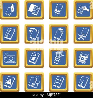 Téléphones portables réparation fix icons set vector blue square isolé sur fond blanc Illustration de Vecteur