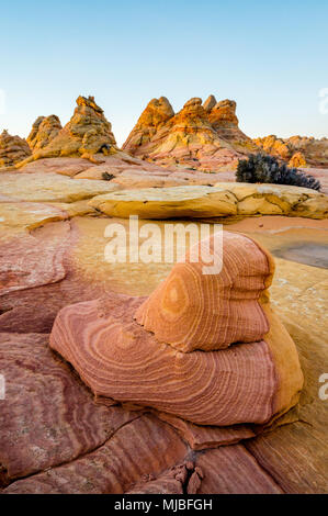 Roche de grès avec violet et or les couleurs de grès avec rayures de couleur semblable au Sud Coyote Buttes Vermilion Cliffs National Monument Arizona Banque D'Images