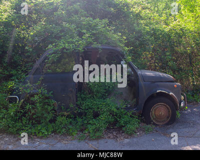 Gênes Italie April 25, 2018 : Fiat 500 vintage rusty abandonnés en mauvais état et la végétation submergée par side view Banque D'Images