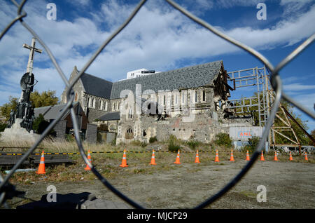 CHRISTCHURCH, Nouvelle-Zélande, le 20 avril 2018 : l'emblématique Cathédrale anglicane reste une ruine à Christchurch, île du Sud, Nouvelle-Zélande, depuis le earthqua Banque D'Images