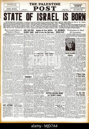 Jérusalem, le 18 mai 1948 : fac-similé de la première page de la Palestine Post déclarer la naissance de l'État moderne d'Israël. Banque D'Images