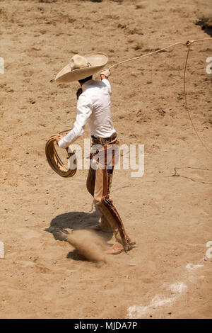 Charro mexicain bravement debout tenant son lasso à main droite, charreria, charreadas Banque D'Images