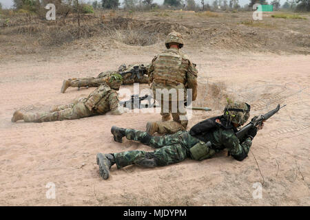 Les ingénieurs de l'Armée américaine à partir de la 1e Bataillon, 21e Régiment d'infanterie, 2e Brigade Combat Team, 25e Division d'infanterie et leurs homologues des Forces armées royale thaïlandaise à partir de la 133e Bataillon d'infanterie, 23e Régiment d'infanterie, se précipiter pour détruire un ennemi avec un point de contrôle d'entrée au cours d'un incendie vie Bangalore l'effort pendant l'effort d'Or 2018 Cobra à Phu Lam Yai, Nakhon Ratchasima, Thaïlande, le 18 février 2018. Les soldats portent des uniformes à travers la jungle expérimentale durée de l'exercice. Gold Cobra 18 offre un lieu pour les États-Unis, alliés et des pays partenaires à l'avance interop Banque D'Images