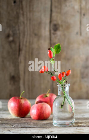 La fin de l'été-automne / Nature morte avec fruits d'églantier dans un petit vase en verre et les pommes sur une vieille table en bois Banque D'Images