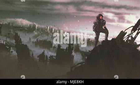 Comité permanent de l'astronaute sur un bâtiment en ruine à la ville abandonnée au style, art numérique, illustration peinture Banque D'Images