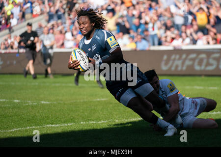 Manchester, UK. 5 mai, 2018. Vente de requin MARLAND YARDE marque un essai 5 mai 2018 , Stade AJ Bell, Vente, Angleterre ; Premiership anglaise, la Ligue de Rugby Sale Sharks v Leicester Tigers ; Credit : Nouvelles Images /Alamy Live News Banque D'Images