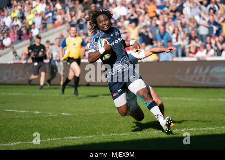 Manchester, UK. 5 mai, 2018. Vente de requin MARLAND YARDE marque un essai 5 mai 2018 , Stade AJ Bell, Vente, Angleterre ; Premiership anglaise, la Ligue de Rugby Sale Sharks v Leicester Tigers ; Credit : Nouvelles Images /Alamy Live News Banque D'Images