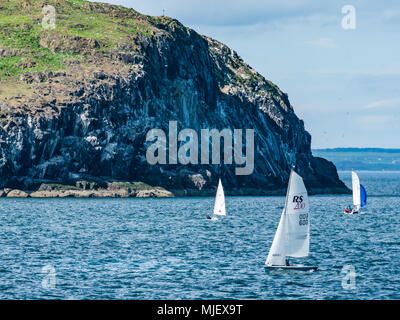 North Berwick, East Lothian, Ecosse, Royaume-Uni, 5 mai 2018. Le soleil brille sur la ville balnéaire. Une régate de voile au soleil dans le Firth of Forth avec dériveurs en face de l'île de Craigleith Banque D'Images