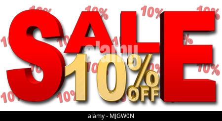 Images Illustrations - grand texte d'Or : 10  % de remise, grand texte en rouge : la vente, le nombre d'or, 3D Illustration, fond blanc. Banque D'Images