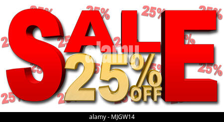 Images Illustrations - grand texte d'Or : 25  % de remise, grand texte en rouge : la vente, le nombre d'or, 3D Illustration, fond blanc. Banque D'Images