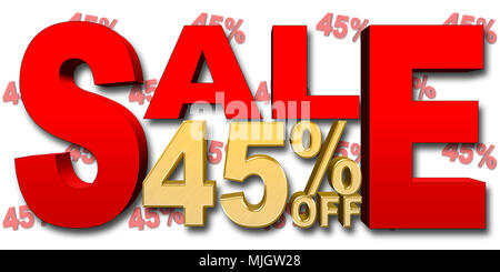 Images Illustrations - grand texte d'Or : 45  % de remise, grand texte en rouge : la vente, le nombre d'or, 3D Illustration, fond blanc. Banque D'Images