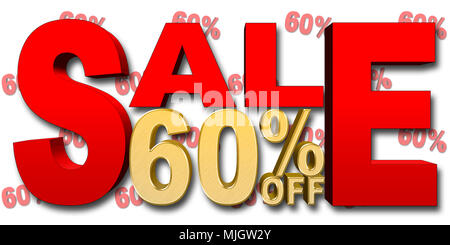 Images Illustrations - grand texte d'Or : 60 pour cent, grand texte en rouge : la vente, le nombre d'or, 3D Illustration, fond blanc. Banque D'Images