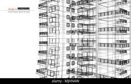 Gratte-ciel urbanistique. Abstract 3D render of building wire frame structure. Vector construction idée graphique de modèle de conception.immeuble moderne.ville Perspective wiev, grand angle. Illustration de Vecteur