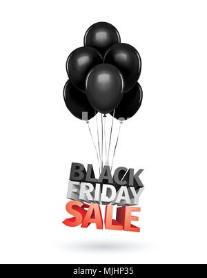 Groupe de ballons , message pour la vente de souvenirs. Vente de ballons de décoration vendredi noir lettres blanches. Économiser de l'argent business retail shopping store bannière . Iilustration 3d vector isolated on white Illustration de Vecteur