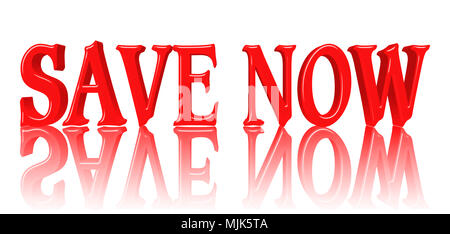 Images Illustrations - grandes chambres lumineuses de couleur rouge Texte : Enregistrer maintenant, 3D Illustration, contre le fond blanc avec la réflexion. Banque D'Images