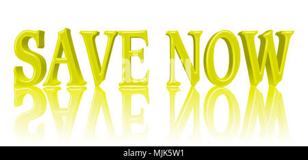 Images Illustrations - grandes chambres lumineuses de couleur jaune Texte : Enregistrer maintenant, 3D Illustration, contre le fond blanc avec la réflexion. Banque D'Images