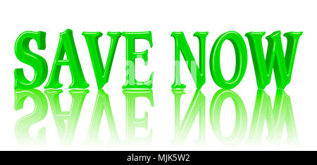 Images Illustrations - Vaste espace lumineux de couleur verte Texte : Enregistrer maintenant, 3D Illustration, contre le fond blanc avec la réflexion. Banque D'Images