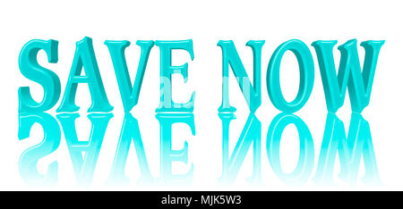 Images Illustrations - Vaste espace lumineux de couleur bleue Texte : Enregistrer maintenant, 3D Illustration, contre le fond blanc avec la réflexion. Banque D'Images