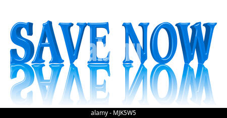 Images Illustrations - Vaste espace lumineux de couleur bleue Texte : Enregistrer maintenant, 3D Illustration, contre le fond blanc avec la réflexion. Banque D'Images