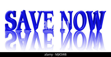 Images Illustrations - Vaste espace lumineux de couleur bleue Texte : Enregistrer maintenant, 3D Illustration, contre le fond blanc avec la réflexion. Banque D'Images