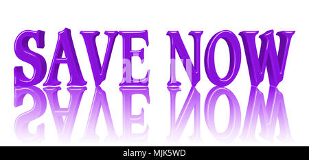 Images Illustrations - grandes chambres lumineuses de couleur violette Texte : Enregistrer maintenant, 3D Illustration, contre le fond blanc avec la réflexion. Banque D'Images